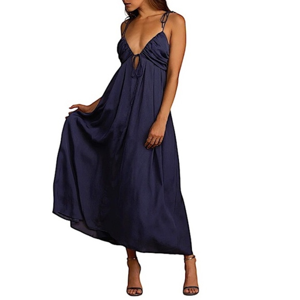 Lulus Exclusive Confidence Check Navy Blue Satin Tie-Back Maxi Lined Dress‎ L
